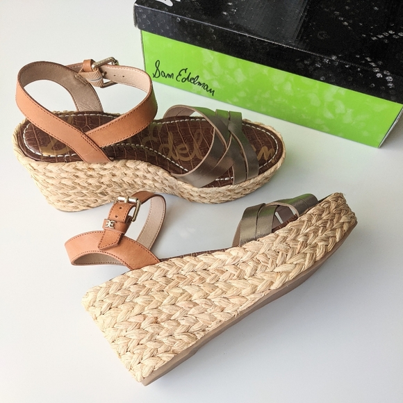 New! SAM EDELMAN Darline Gold Leather Espadrilles Wedge Sandals Heel Size 9.5 - Picture 7 of 16